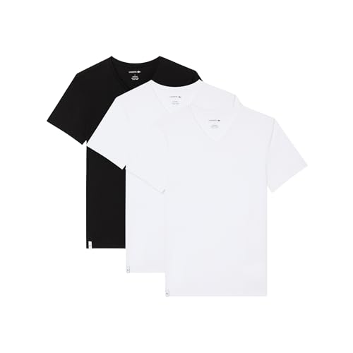 Lacoste Men's 100% Cotton Slim Fit V- Neck Undershirt, 3-Pack (Amazon Exclusives), White/White/Black, Large