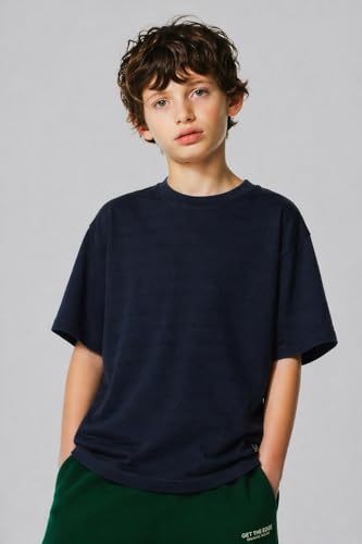 Image of Alan Jones Clothing Boys Oversized T-Shirt with Embossed Stripe Design | Half Sleeve Round Neck Casual Tee for Kids