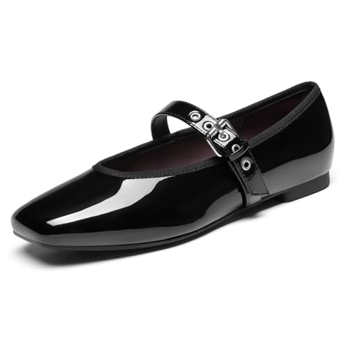Rihero Black Ballet Flats for Women Comfortable Square Toe Buckle Strap Dressy Casual Ballerina Mary Jane Flats Shoes Size 7.5
