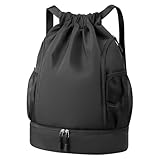Drawstring Backpack Sports Gym Bag, Water Resistant String Bag Gym Sports Bag, Shoe Compartment Side Mesh Pockets Bulk Cinch Bag for Women Men (Black)