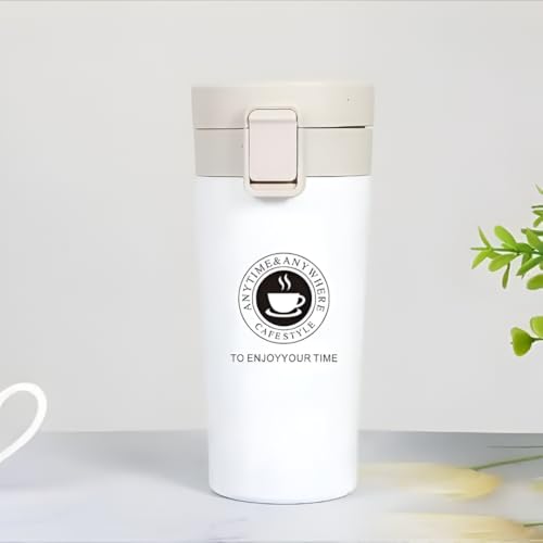 Image of Zentro Travel Coffee Mug Leak Proof -380 ML One Click Lid Stainless Steel Coffee Cup for Car, Office & Daily Commute with Secure Lock & Easy Clean Design (White)