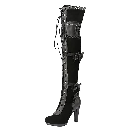 Women's Over The Knee Thigh High Heel Boots Platform Zip Buckle Lace Up Gothic Bowknot Club Party Shoes Fall Winter