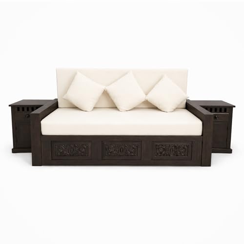 Image of SONA ART & CRAFTS Maharaja Sheesham Wood 3 Seater Sofa Cum Bed with Bedside | Wooden 3 Seater Sofa for Living Room Wooden Furniture Sofa Bed for Home (Walnut Finish)