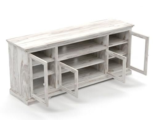 Image of Sheesham Solid Wood TV Cabinet for Living Room | Handcrafted Wooden TV Unit with Storage | Elegant Entertainment Stand for Modern Homes (Glass Tv Cabinet, Rustic White)