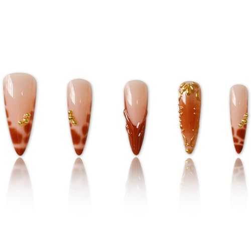 Image of Brown Press on Nails Medium Almond Fake Nails French Tip False Nail with Gold Design Ombre Glue on Nails Reusable Artificial Acrylic Full Cover Stick on Nail for Women Manicure 24Pcs