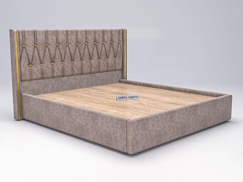 Image of Modern Upholstered King Size Bed with Box Storage for Bedroom | Wooden Double Bed with Storage | Platform Cot Bed with Upholstery Premium Fabric | Sheesham Solid Wood, (Brown), 6.5 x 6 Ft