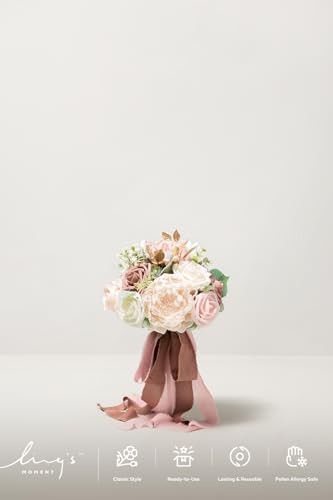 Ling's moment Artificial Flowers Pink Bridesmaid Bouquet Set of 4, Dusty Rose Wedding Flowers Bouquets for Bridesmaids, 7 Inch Bridal Bouquets for Bridesmaids, Wedding, Ceremony, Anniversary, etc