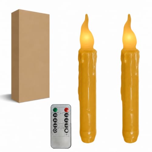 Image of Mustard Yellow Flameless Short Taper Candles, Real Wax Hand Dipped LED Battery Operated with Remote, Flickering Flame Lights for Party Home Decor, 6.7 Inch Primitive Flameless Candles, 2PCS