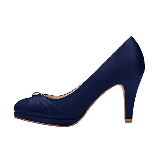 ERIJUNOR Women Comfortable Mid Heel Pumps Closed Toe Rhinestones Brooch Satin Evening Prom Wedding Shoes3