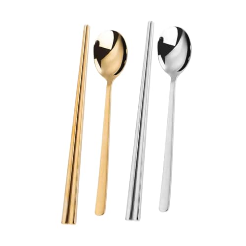 Imagen de Cabilock 2 juegos Palillos Coreanos Huecos y Cucharas Planas de Acero Inoxidable Reutilizables Diseño Ergonómico para Sushi Ramen y Uso Diario Vajilla Asiática