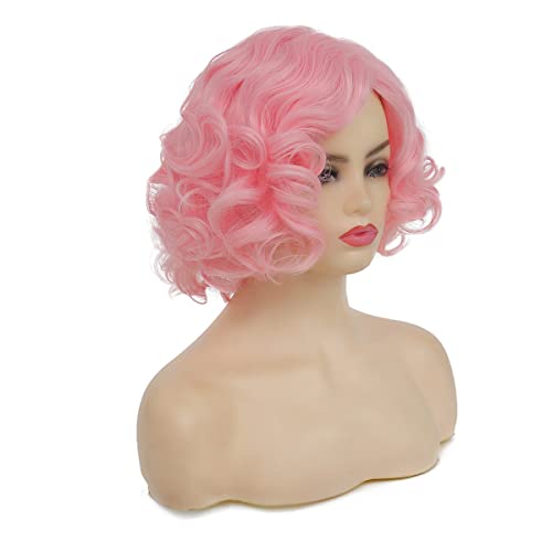 Baruisi Short Curly Pink Wigs for Women Synthetic Natural Wavy Costume Cosplay Party Wig,Pink - Image 3
