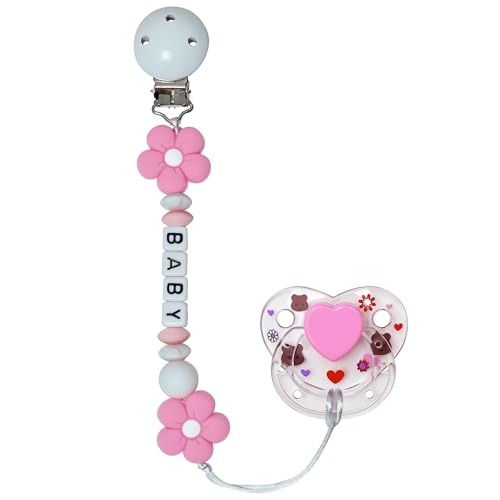 HELERKOL Pink Flowers Pacifier Clip with Cute Pink Magnetic Pacifier Reborn Dolls Toy Accessories (Flowers)