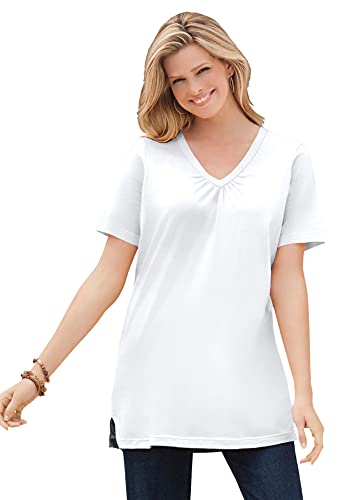 Woman Within Plus Size Perfect Short-Sleeve Shirred V-Neck Tunic - 2X, White