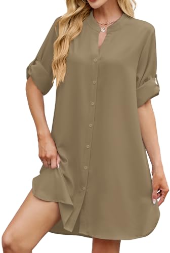 Image of PerZeal Womens Sexy V Neck Button Down Shirt Dresses Summer Short Sleeve Casual Loose Blouses & Button-Down Shifts Cover Ups