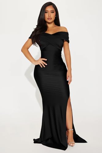 Memoriesea Women's Off Shoulder V Neck Wrap Ruched High Split Wedding Party Maxi Dress2