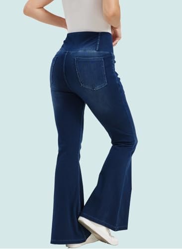 KYAL Women's High Waisted Flared Jeans Pull On Wide Leg Jeans Stretchy Denim Pants, V Cross Tummy Control Flare Pants2