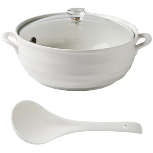 Olla de cerámica, Cacerolas pequeñas de cobre, sopera blanca porcelana con tapa, redonda(Glass Cover,1.2L/1.1Quarts)