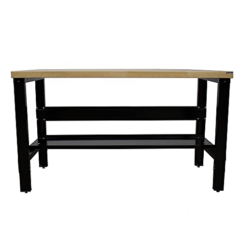 Borroughs Adjustable Height Workbench with Solid Hardwood Top and Bottom Shelf, 30 in x 72 in, Commercial Grade, 16 Gauge Steel