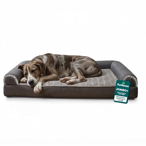 Image of FurHaven Orthopedic Dog Bed For Large Dogs, Sofa Contour Mattress with Solid Orthopedic Foam Slab for Joint Support, Removable Washable Cover, Jumbo Plus XXL, Faux Fur, Charcoal