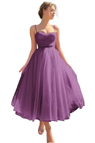 Image of A line Ruched Tulle Prom Dress Spaghetti Straps for Women, Tea Length Sweetheart Homecoming Dress Cocktail Dress