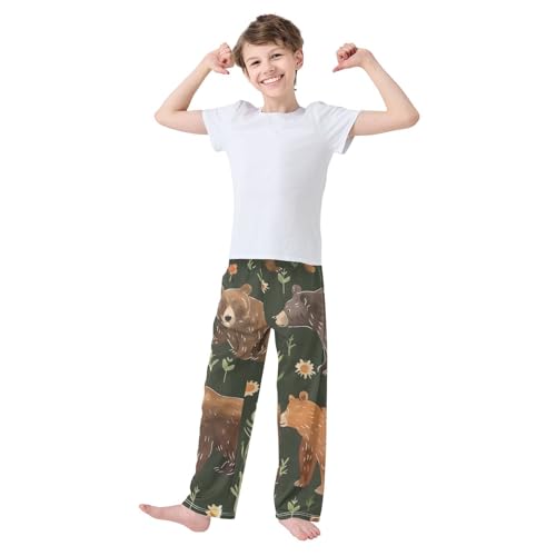 ZZXXB Bear Wild Flowers Boys Long Pants Soft Trousers Elastic Waist Kids Lounge Bottoms with Pockets S-XL2