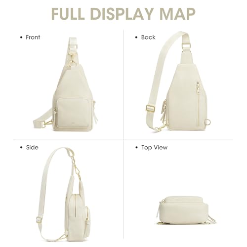 Image of Kattee Small Leather Sling Bag for Women with RFID Blocking,Beige | Top grain pebbled leather with RFID blocking, multiple pockets, and a convertible strap for travel.