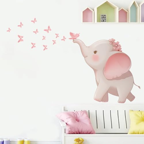 Image of Pink Elephant Wall Stickers for Baby Girl Nursery - Butterfly Animal Wall Decals Waterproof Removable - Large Nursery Bedroom Playroom Decoration for Girls Room Decor Kids
