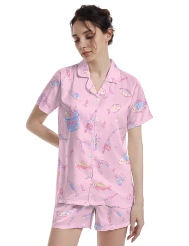 Image of Funny Pajamas for Women Set Print Satin Loungewear Pjs Short Sleeve Button Down Top and Shorts Sets Sleepwear XS-3XL