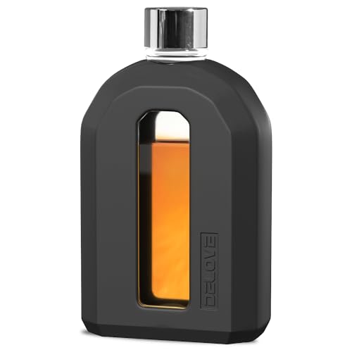 Delove Modern Glass Hip Flask with Silicone Sleeve- Small Portable Travel Liquor Flask- Clear Pocket Drinking Alcohol Flask for Men&Women- Wedding Party, Groomsman, Bridesmaid, Gift- 7.5oz/220ml,Black