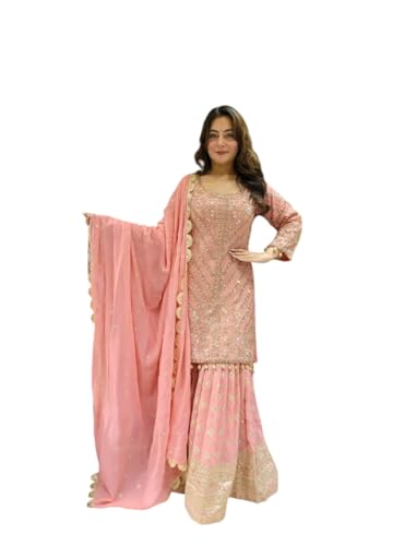 Marzeena Products Women's Faux Georgette Embroidered Kurti With Sharara & Dupatta Set