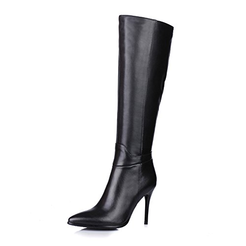 Fashion Heel Genuine Leather Women's Pointed Toe Side Zip Handmade Stiletto High Heel Knee High Boots(Black, US8)
