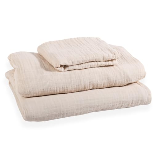 Image of House of Elia 3-Piece 100% Organic Cotton Muslin Bed Sheet Set, Twin Size, Breathable & Soft, Includes Flat Sheet, Fitted Sheet, and Pillowcase | Unisex Bedding for Boys & Girls | Neutral Ivory Color