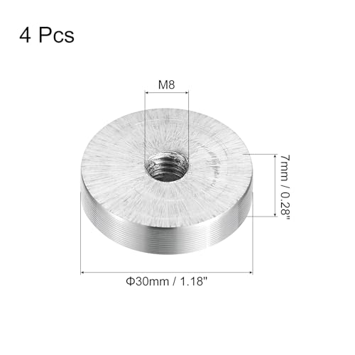 sourcing map M8 Gewinde 30mm Durchmesser Runde Aluminiumscheibe Hardware 4 Stück, Aluminiumkreisscheibe Glasadapter für Glastisch