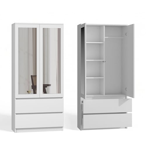 CDF Armoire à 2 Portes Meuble de Rangement Armoir Chambre avec Miroir 2 Tiroirs avec 3 Étagères Placard Multifonction pour Entrée Salon Chambre Bureau Blanc Armoire...