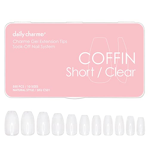 Daily Charme Gel Nail Extension Tips (Coffin Short, Clear) 550 pcs, 9 sizes Pre-shaped Extension Tips, False Nails Gel Tips for Gel Nail Polish Soak Off, Easy DIY Press On Nails