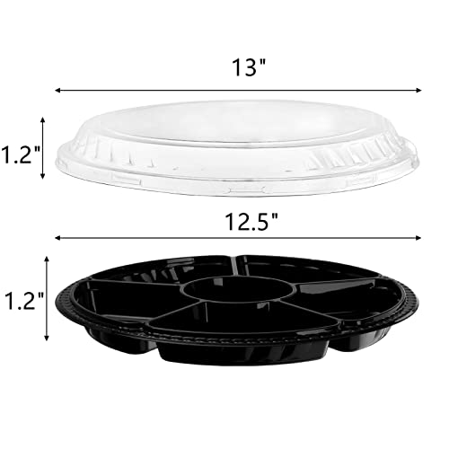 Lawei 30 Pack Plastic Appetizer Trays with Clear Lid, Round Stackable Serving Party Trays, 12 in Banquet Catering Fruit Vegetable Tray, Reusable 6 Divided Food Snack Dip Platter for Outdoor Buffet