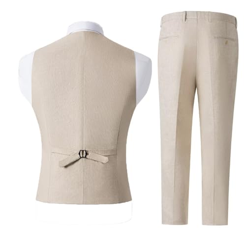 Men's Cotton Linen Suit 2 Piece Wedding Suit for Men Slim Fit Groomsmen Tuxedos Summer Beach Linen Vest Pants Set3