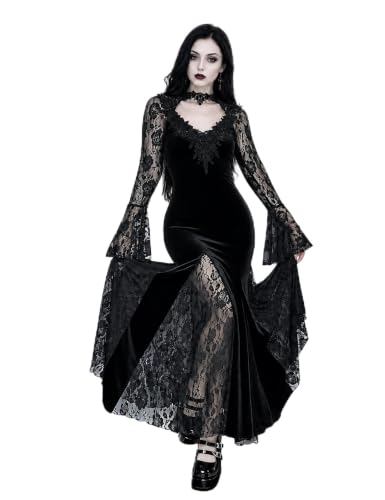 LANSHULAN Gothic Slim Lace Contract Fishtail Long Goth Dress Clothes Black