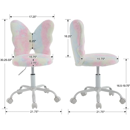 Kmax Kids Desk Chair, Faux Fur Butterfly Chair with Wheels Adjustable Cute Swivel Kids Office Chair for Bedroom Reading Room - Colorful