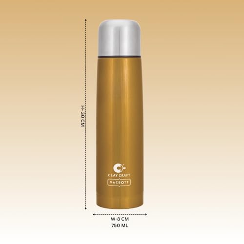 Image of Clay Craft VACBOTT Terra Double Walled 18 Hours Hot and 24 Hours Cold Water Bottle-750ML, 2-Piece(Gold) Leak Proof|Easy to Carry|Gym Bottle|Home|Kitchen|Hiking|Travel Bottle|BIS Certified
