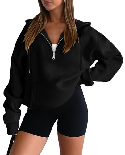 onlypuff Women Half Zipper Pullover Sweatshirt Long Sleeve Hoodies Kangaroo Pocket Fleece Basic Sweater