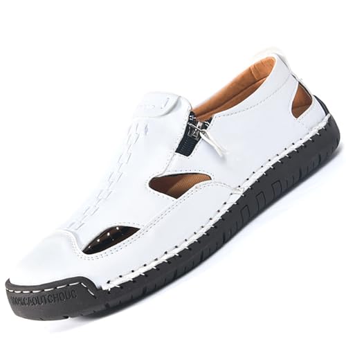 Men's Closed-Toe Leather Fisherman Sandals Slip-On | Breathable Comfortable Casual Moccasin Loafers for Summer Outdoor Driving & Walking | Side Zipper Hand-Sewn