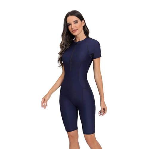 BEACHKINI Maillots de Bain Maillot de Bain Une Pièce pour Femmes Maillot de Bain à Manches Courtes avec Fermeture éclair sur Le Devant,88 Bleu Marine,XL