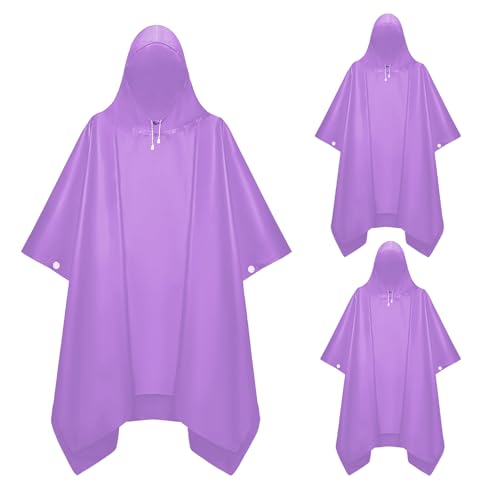 Image of Rain Ponchos for Adults,Raincoat for Women Men,Lightweight Unisex Raincoat for Hiking Camping (3Pack,Black, Gray, Purple)