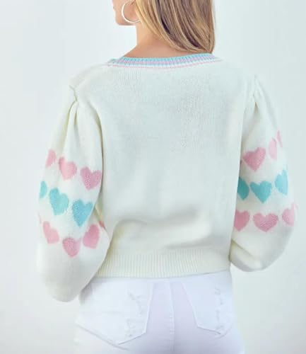 Image of Valentine's Day Cardigan Sweaters for Women Love Heart Print Button Down Cropped Cardigans Y2K Open Front Knit Sweater