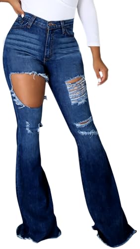 Bell Bottom Jeans for Women Ripped Hole High Waisted Classic Flared Wide Leg Denim Pants
