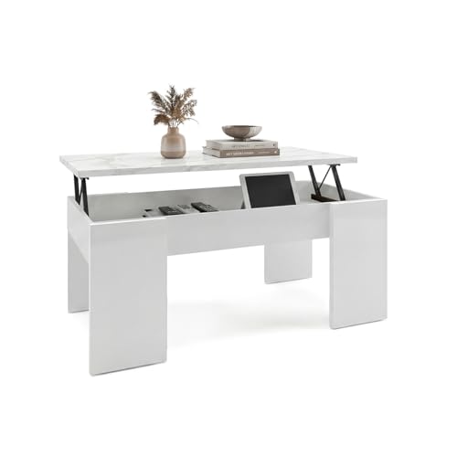 duehome | Mesa de Centro Elevable, Mesita de Salón o Comedor, Modelo Vita, Acabado en Color Blanco Artik y Efecto Mármol Blanco, Medidas: 100 cm (Largo) x 50 cm (Ancho) x 45-53 cm (Alto)