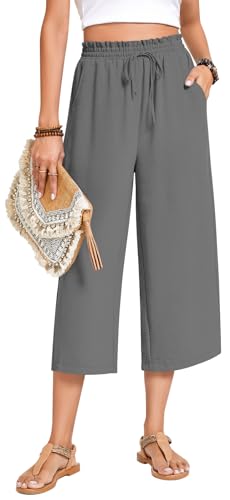 Image of Anyhold Women's Capri Pants Drawstring Casual Palazzo Trousers with Pockets Loose High Waisted Wide Leg Lounge Pants