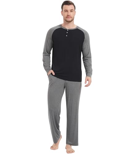 Image of NACHILA Mens Pajamas Set Viscose Made from Bamboo Henley Top Sleep Pants | Henley Top,Soft pants,Tagless Comfort,Moisture Wicking,Ultra silky, All season Loungewear Set, Jogger Sweatpant,Match set