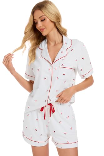Image of LUBOT 100% Cotton Pajamas for Women 2 Piece PJ Set Button-Down Soft Knit Short Sleeve Summer Sleepwear Loungewear XS-XXL